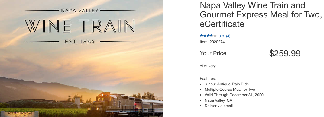 2020 Napa Valley Wine Train Costco discount coupon eCertificate offer